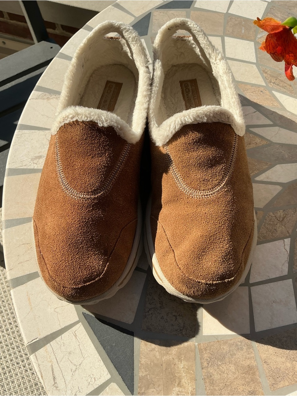 Skechers GoWalk Woman Tan Suede Slip-On Memory Foam Shoes size 9